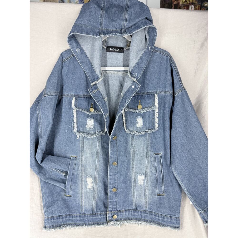 Fab'rik Light Wash Distressed Ripped Edge Pockets Demin Hood Jacket Womens M